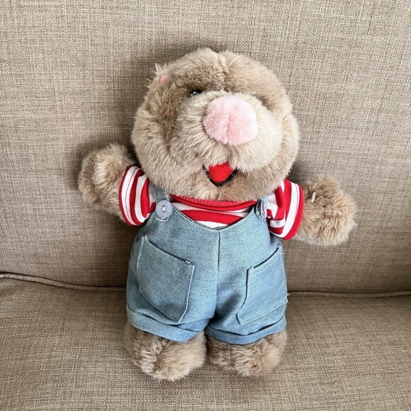 Vintage Suzys Zoo Ollie Marmot Bear Plush 11" StarShine Overalls Striped Shirt - Picture 3 of 9